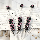 black 3d cute round face character beadable pens with pink bow and rhinestone accents for diy handmade kawaii stationery crafts wholesale