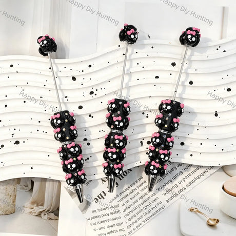black 3d cute round face character beadable pens with pink bow and rhinestone accents for diy handmade kawaii stationery crafts wholesale
