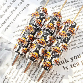 black base orange‑white spooky spider graphic decorated beadable pens for halloween diy handmade craft stationery wholesale