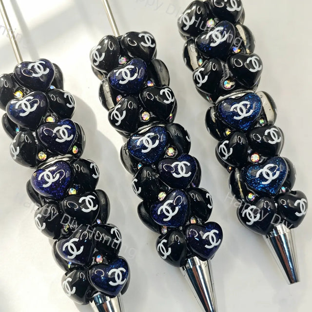 Black Luxury CHANEL Print Heart Beadable Pens Wholesale, Matches All Focal Beads & Pen Toppers
