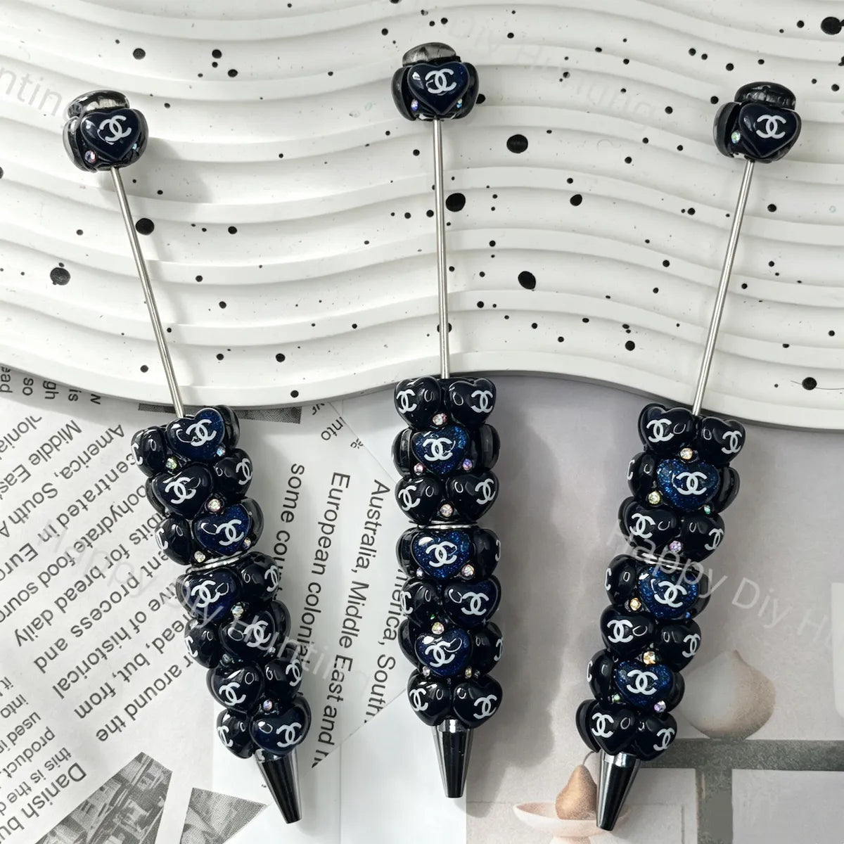 Black Luxury CHANEL Print Heart Beadable Pens Wholesale, Matches All Focal Beads & Pen Toppers