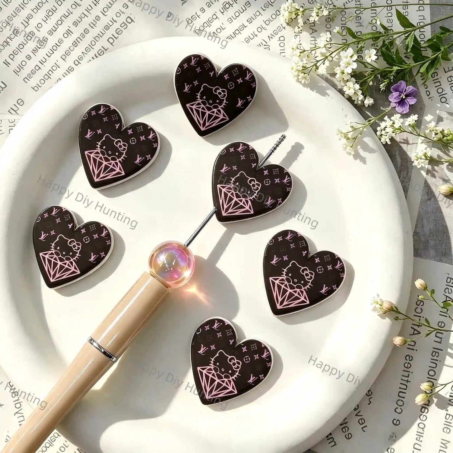 Black Pink Diamond Pattern Heart Silicone Focal Beads, large hole decorative beads for DIY beadable pen, 