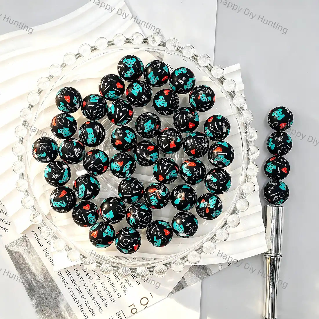 Black base full print round silicone beads with teal blue hand silhouette and red heart graffiti patterns for diy handmade beadable pen wholesale craft accessories