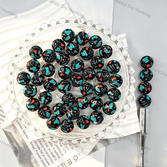 Black base full print round silicone beads with teal blue hand silhouette and red heart graffiti patterns for diy handmade beadable pen wholesale craft accessories