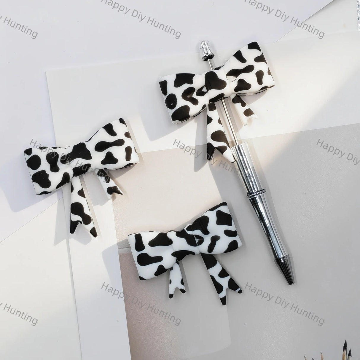 black white cow print bow silicone focal beads for diy beadable pen & handmade craft wholesale