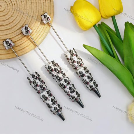 Black white horned character beadable pen, edgy cute DIY craft stationery supplies