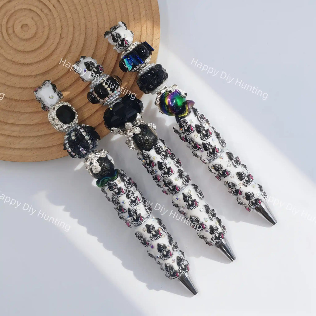 Black white horned character beadable pen, edgy cute DIY craft stationery supplies