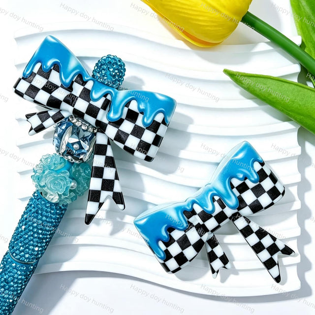 Black white checkered blue drip print silicone bow beads, large-hole food-grade silicone focal charms for DIY beadable pen craft