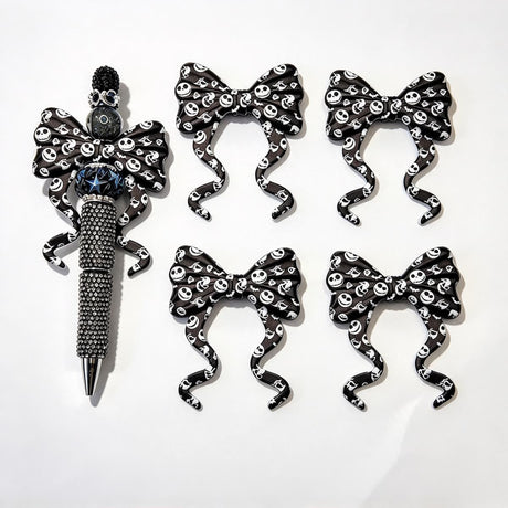 Black‑white spooky‑skull print bow silicone focal beads, curly ribbon bow large‑hole beads for beadable pen DIY craft projects