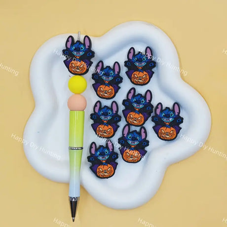 Halloween themed blue alien Stitch silicone focal beads for custom beaded pen making