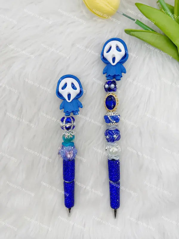 3D blue ghost face pen topper matched with focal beads for custom beadable pen handmade projects
