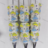 pre‑assembled blue‑gown blonde princess 3D figurine beadable pens, glitter off‑white base with sparkling rhinestones, cute girl themed craft ballpoint pens bulk