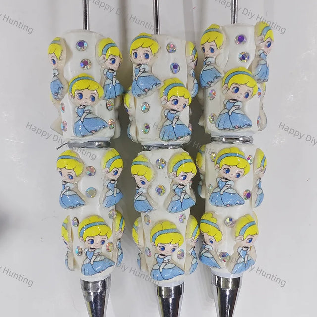 pre‑assembled blue‑gown blonde princess 3D figurine beadable pens, glitter off‑white base with sparkling rhinestones, cute girl themed craft ballpoint pens bulk