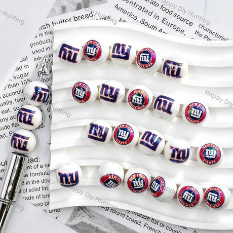 Glossy White Blue NY Letter Football Graphic Print Large Hole Acrylic Beads For DIY Beadable Pen Craft Wholesale