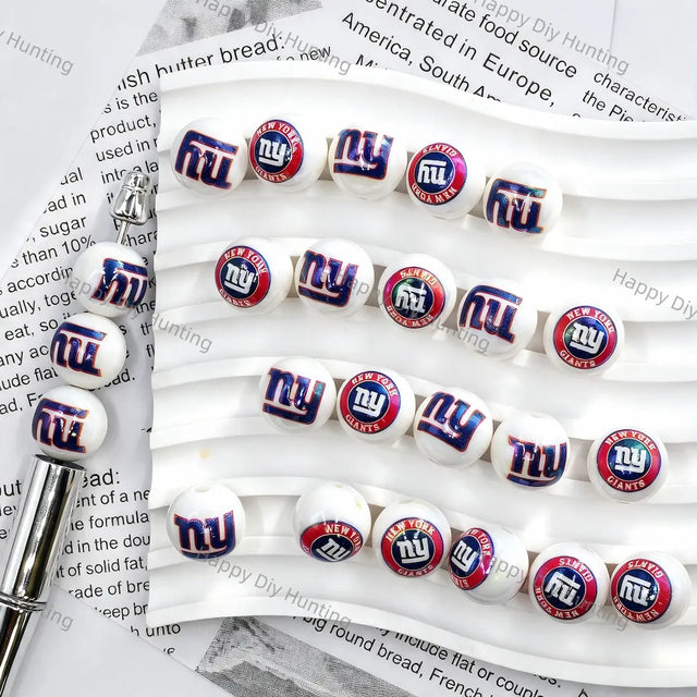Glossy White Blue NY Letter Football Graphic Print Large Hole Acrylic Beads For DIY Beadable Pen Craft Wholesale