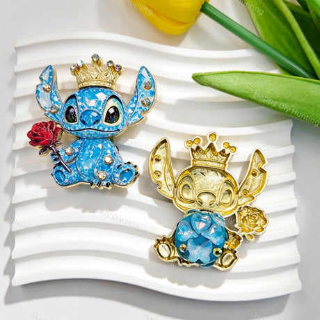 Blue crown alien metal fancy bead with rhinestones shown from the front and back. The front features a colorful faceted alien design holding a rose, while the back shows a gold metal finish. Perfect for DIY beadable pens and crafts.