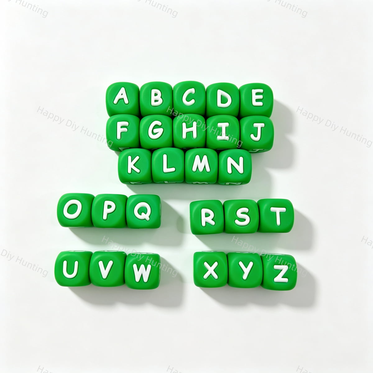 Bright green square alphabet letter beads featuring white letters A to Z. Smooth, lightweight, and easy to thread, perfect for beadable pens, bracelets, keychains, and personalized handmade crafts.