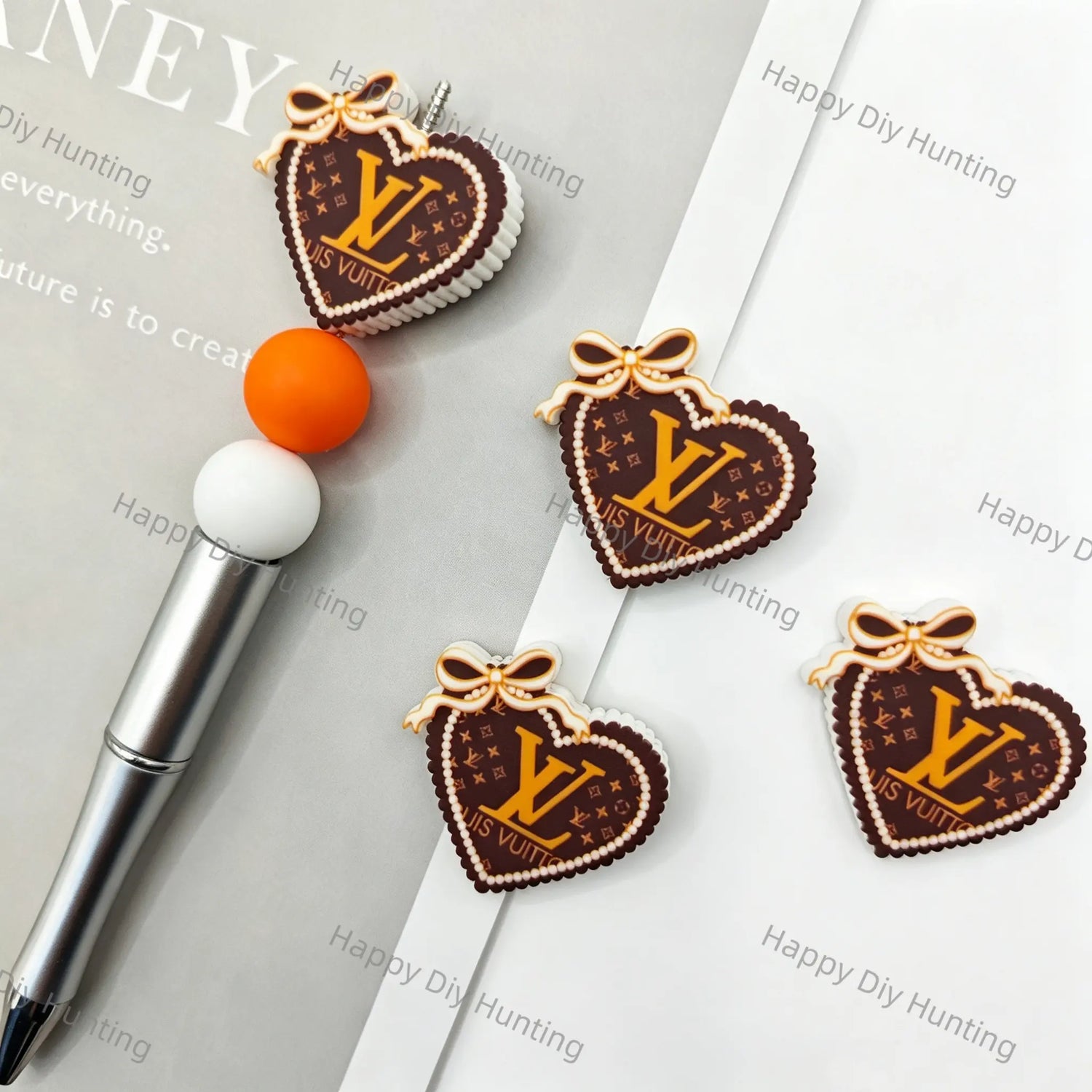 Brown Bow Heart Vintage LV Print Silicone Focal Beads For DIY Beadable Pens