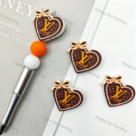 Brown Bow Heart Vintage LV Print Silicone Focal Beads For DIY Beadable Pens