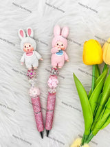 Fluffy Bunny Ears Doll Pen Topper Mounted on Complete Beadable Pen for Handmade Craft Showcase