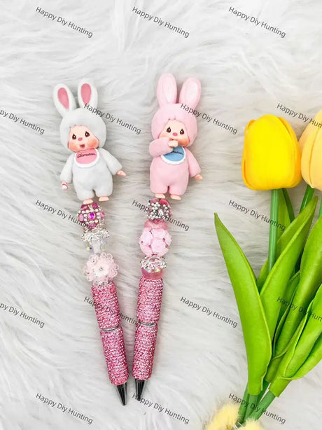 Fluffy Bunny Ears Doll Pen Topper Mounted on Complete Beadable Pen for Handmade Craft Showcase