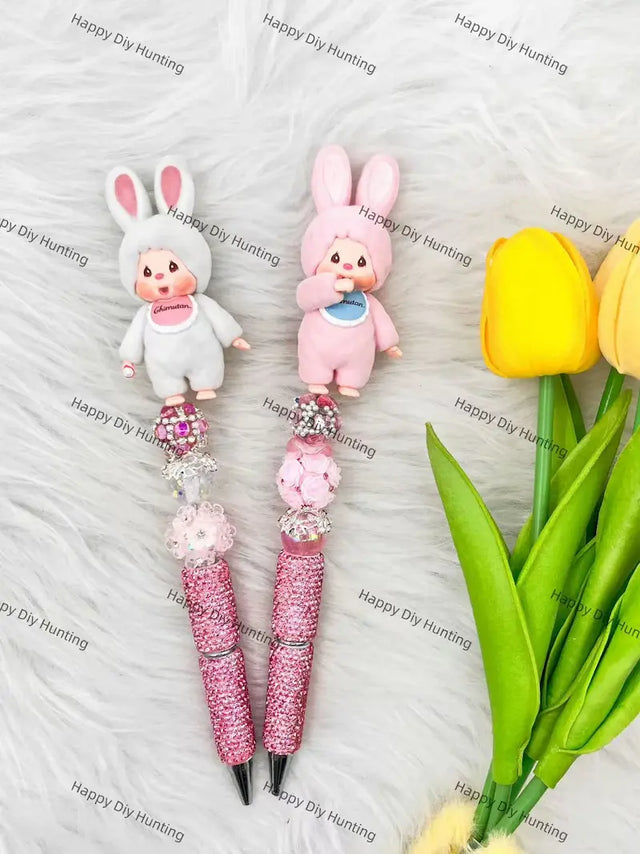 Fluffy Bunny Ears Doll Pen Topper Mounted on Complete Beadable Pen for Handmade Craft Showcase