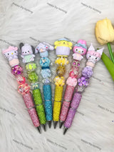 Cute Bunny Bath Character Pen Topper Installed on Finished Beadable Pen for Handmade Craft Display