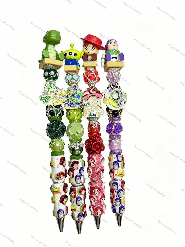 Toy Story mini character figures paired with bead pens to create unique handmade stationery