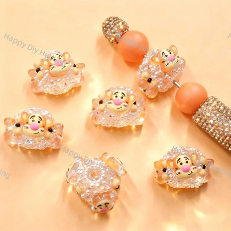 Cartoon Tigger Pearl Rhinestone Acrylic Focal Beads, large hole decorative beads for DIY beadable pen, keychain and handmade craft supplies
