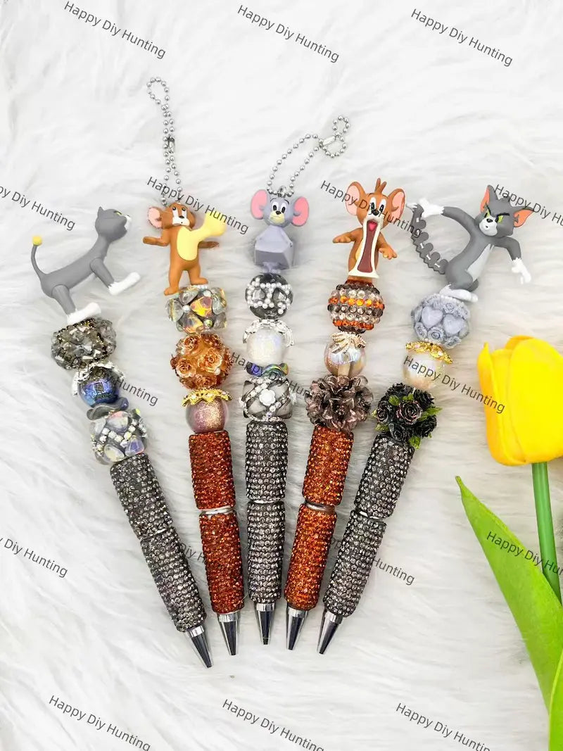 Classic Cat & Mouse Pen Topper Mounted on Complete Beadable Pen for Handmade Craft Showcase