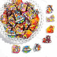 A large mixed pile of colorful cartoon animal and fruit print acrylic focal beads. Designs include dogs, cats, foxes, strawberries, pineapples, and flowers in bright colors. Perfect for beadable pens, keychains, and jewelry making.