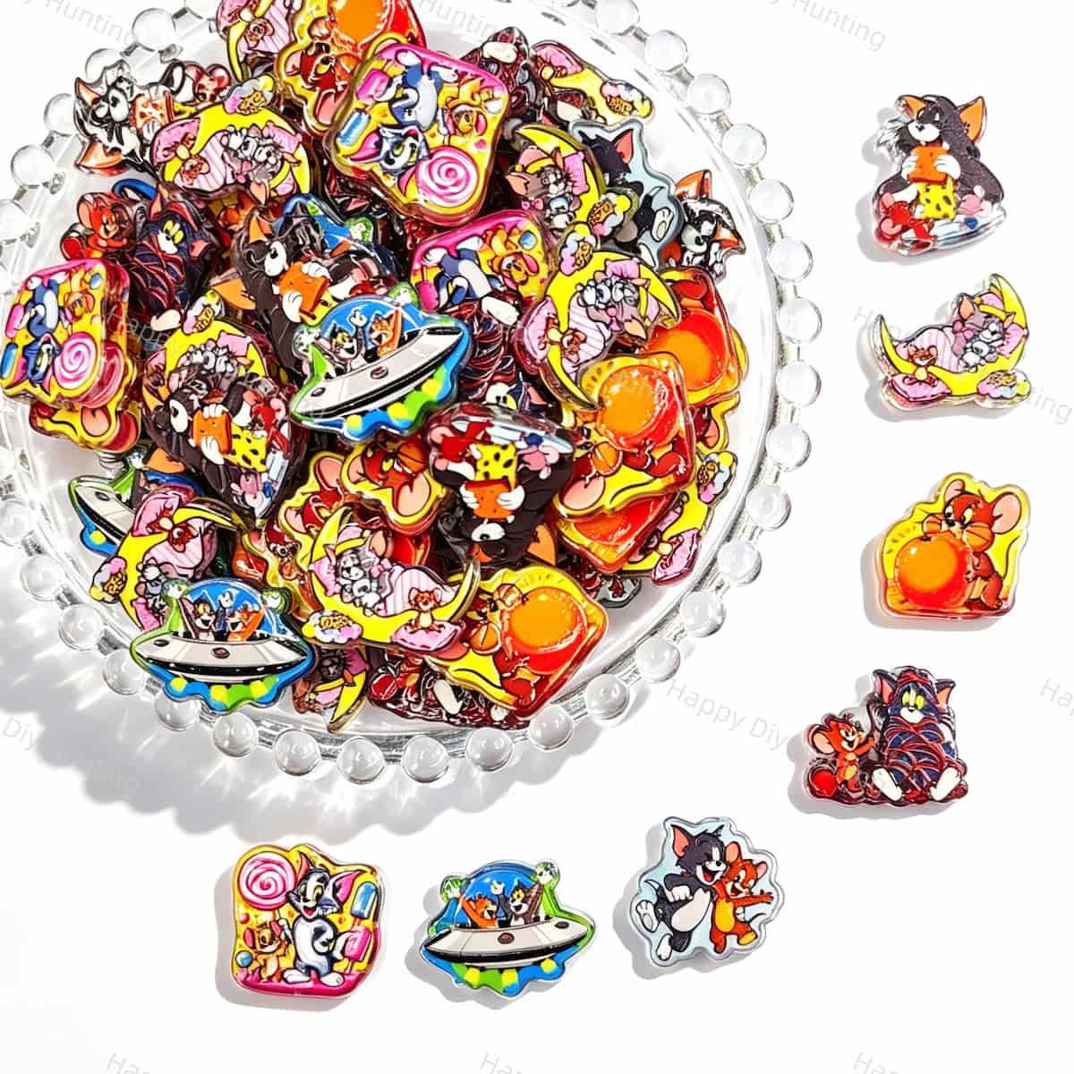 A large mixed pile of colorful cartoon animal and fruit print acrylic focal beads. Designs include dogs, cats, foxes, strawberries, pineapples, and flowers in bright colors. Perfect for beadable pens, keychains, and jewelry making.
