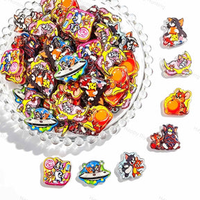 A large mixed pile of colorful cartoon animal and fruit print acrylic focal beads. Designs include dogs, cats, foxes, strawberries, pineapples, and flowers in bright colors. Perfect for beadable pens, keychains, and jewelry making.