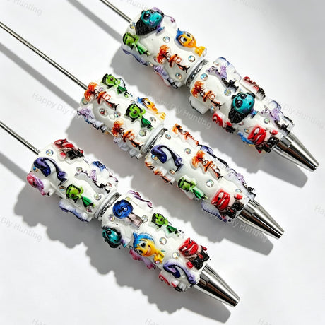 Cartoon emotion character beadable pens. Refillable and customizable, matching all focal beads and pen toppers. Perfect for DIY crafts, handmade gifts, and craft fair retail.