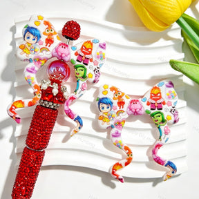 Bow-shaped silicone focal beads featuring a cute cartoon emotion character print design. Soft, durable, and flexible, perfect for beadable pens, keychains, and handmade crafts.
