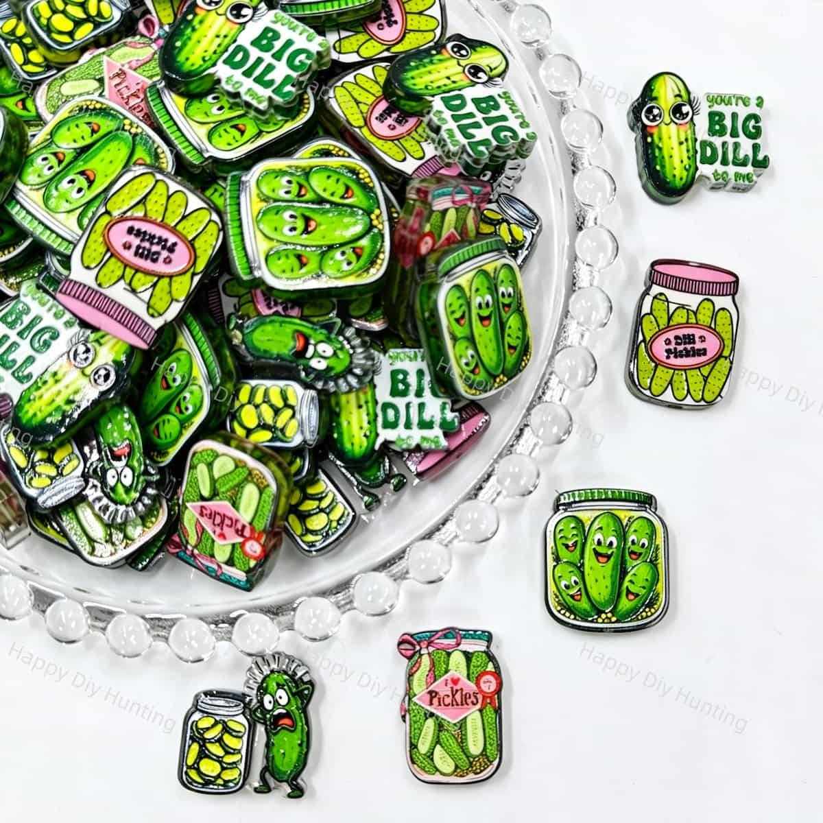Acrylic focal beads featuring a cartoon pickle jar print design. Lightweight, fun, and durable, perfect for beadable pens, keychains, and handmade crafts.