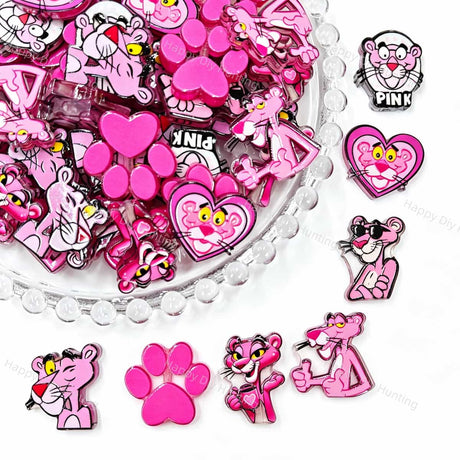 Acrylic focal beads featuring a cartoon pink leopard print design. Lightweight, stylish, and durable, perfect for beadable pens, keychains, and handmade crafts.