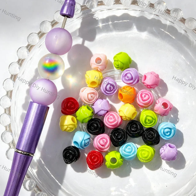 carved rose shape large hole acrylic beads multi‑color diy beadable pen flower craft wholesale