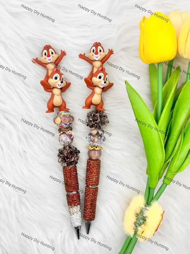 Stacked Chipmunk No-Hole Pen Topper Mounted on Complete Beadable Pen for Handmade Craft Showcase