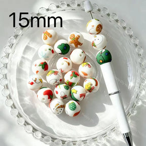 15mm Christmas printed round silicone beads for beadable pens handmade DIY crafts
