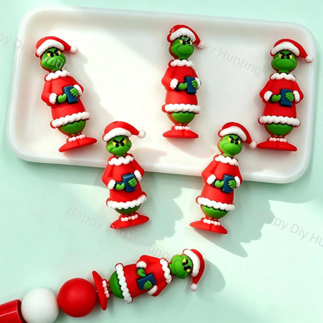 Christmas Santa Costume Green Figurine Silicone Pen Toppers, holiday sculpted figurine decorations for DIY beadable pen, 