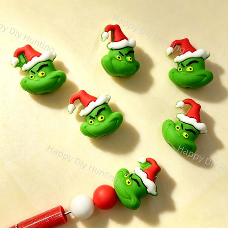 Christmas Santa Hat Green Figure Head Silicone Pen Toppers, festive silicone decorative toppers for DIY beadable pen,