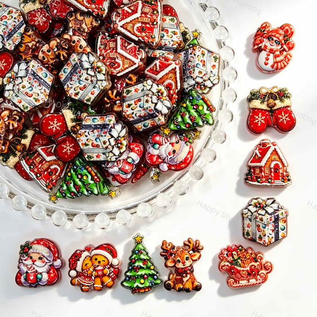 Acrylic focal beads featuring a festive mix of Santa, Christmas tree, house, and gift box designs. Lightweight, durable, and colorful, perfect for beadable pens, keychains, and handmade holiday crafts.