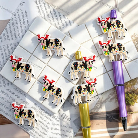christmas spotted cow with reindeer antlers silicone focal beads for diy beadable pen handmade holiday craft wholesale