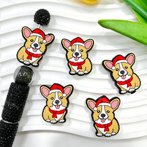 Silicone focal beads featuring a Christmas corgi dog design. Soft, durable, and flexible, perfect for beadable pens, keychains, and handmade holiday crafts.