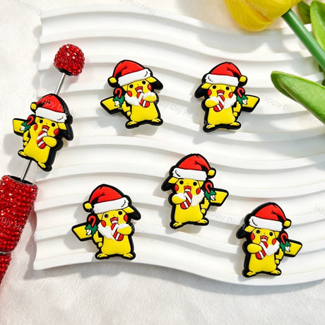 Christmas yellow lightning mouse silicone focal beads featuring a cute yellow mouse design with lightning details. Soft, durable, and flexible, perfect for beadable pens, keychains, and handmade holiday crafts.