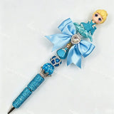 Handmade pre-made bling bead pen with Cinderella princess figurine topper, light blue satin bow, rhinestone crown beads, full crystal encrusted barrel, wholesale DIY craft pen supplies