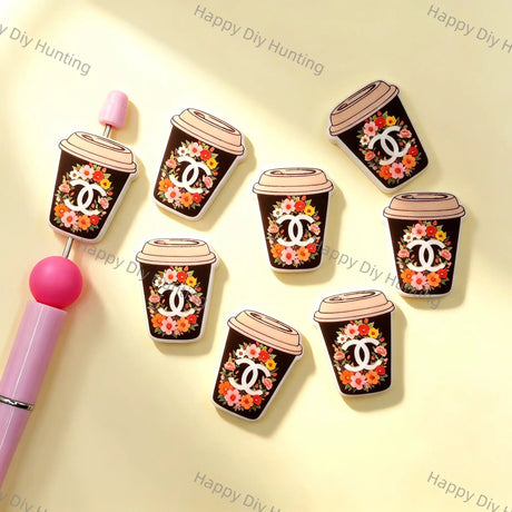 Floral Coffee Cup Chanel Printed Acrylic Focal Beads for beadable pen & keychain DIY