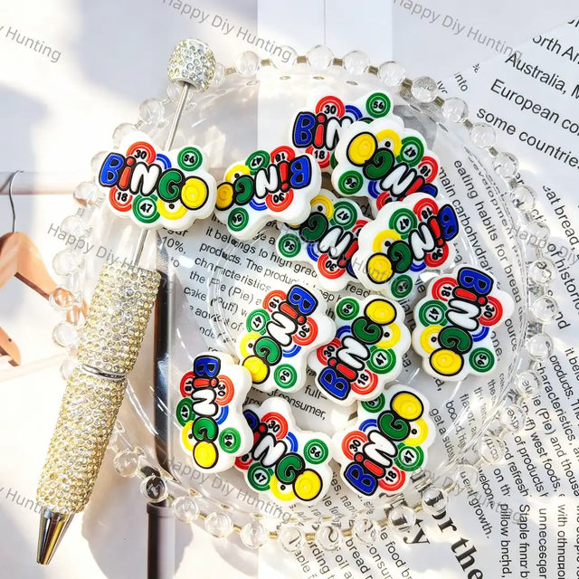 colorful bingo letter printed cloud shaped silicone focal beads for diy beadable pen craft wholesale