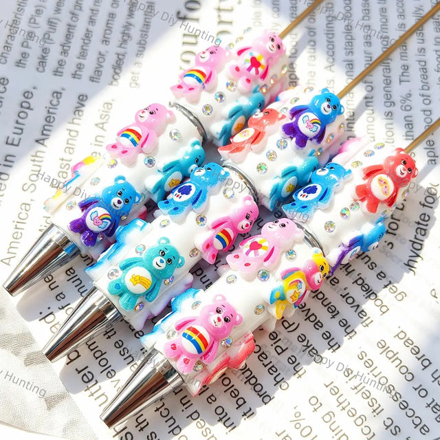 colorful cartoon bear beadable pens with white resin and tiny rhinestones for diy handmade craft stationery wholesale